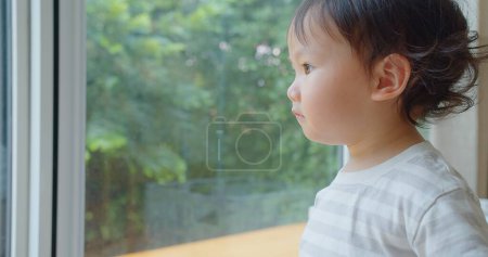 Un jeune enfant cher regarde par une fenêtre dans un jardin luxuriant, perdu dans la pensée, avec une lumière naturelle douce accentuant une expression paisible