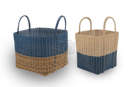 Collection of empty wicker baskets isolated on white background. Traditional rustic handmade products made from rattan