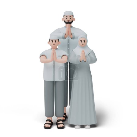 3D render of muslim people. Happy family showing apologize and welcome hand gesture. Apology during eid mubarak. Full length character isolated image on white background