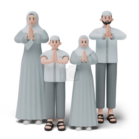 3D-Darstellung muslimischer Menschen. Glückliche Familie entschuldigt sich und begrüßt Handgeste. Entschuldigung während eid mubarak. Isoliertes Bild auf weißem Hintergrund