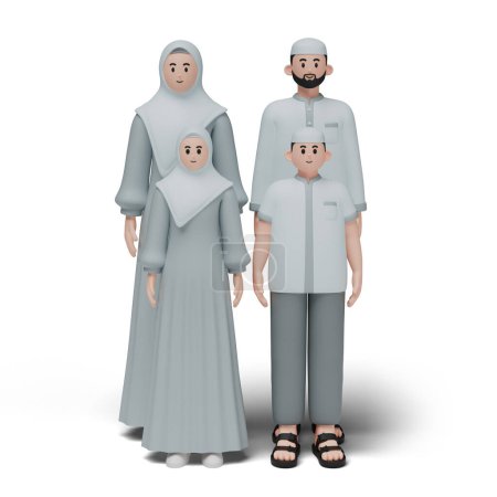 Representación 3D de personas. Familia feliz vistiendo ropa musulmana y de pie juntos. Disculpas durante eid mubarak. Carácter de longitud completa imagen aislada sobre fondo blanco