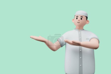 3D render portrait of muslim people with skullcap. Happy young adult man pointing and showing product to the side. Eid mubarak Concept.