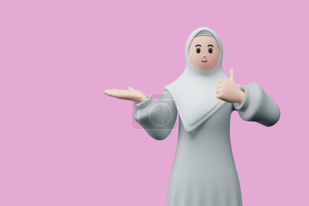3D render portrait of muslim people wearing hijab. Happy young adult woman pointing and showing product to the side. Eid mubarak Concept.