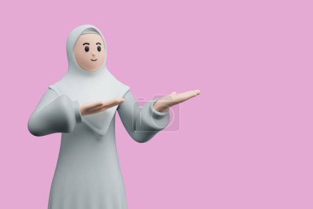 3D-Renderporträt muslimischer Menschen mit Hijab. Glückliche junge erwachsene Frau zeigt und zeigt Produkt zur Seite. Eid mubarak Konzept.