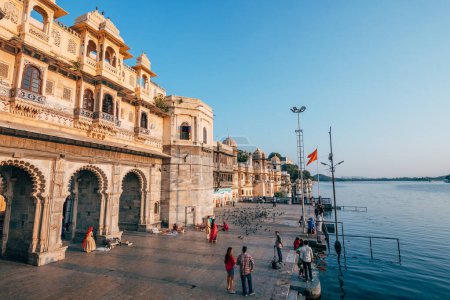 Photo for Udaipur, india. 15th october, 2023: waterfront view of pichola lake in udaipur, india - Royalty Free Image