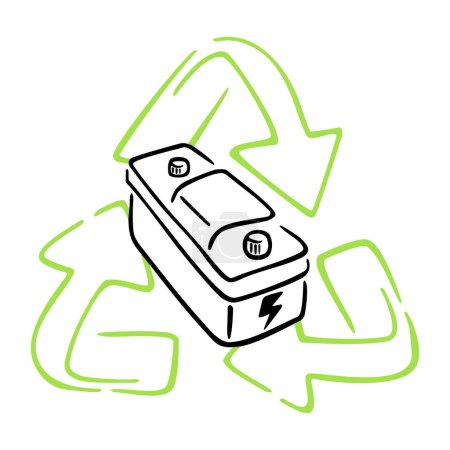 Illustration for Lead-acid battery recycling drawn illustration - technology and solutions for reuse a car accumulator. Isolated vector icon. - Royalty Free Image