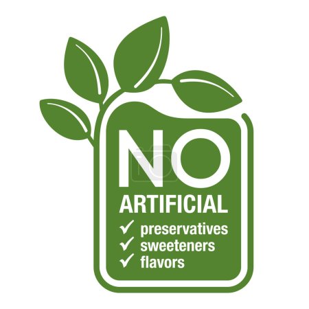 Illustration for No artificial Preservatives, Sweeteners and Flavors badge - three options in one sticker for healthy products composition. Flat green vector pictogram - Royalty Free Image