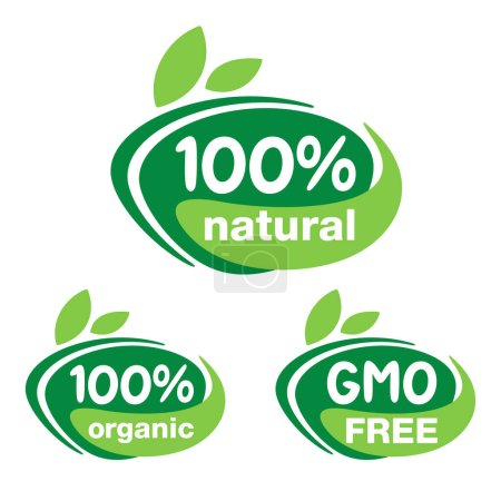 100 natural, organic and GMO free labels set - badge for hundred percent healthy food, vegetarian nutrition in leaf shape - vector sticker set
