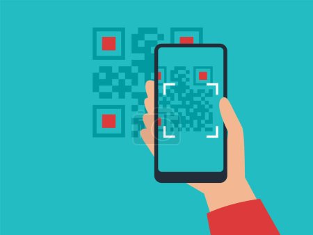 Illustration for QR code scanning - phone in hand points the camera into matrix barcode - Royalty Free Image