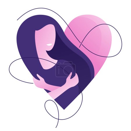 Illustration for Self-care or self-confidence concept - woman embracing herself in heart shape. Isolated Vector thematical illustration. - Royalty Free Image