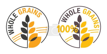 100 percents Whole Grains, sicker for cereals, healthy and dietary food labeling. Yellow circle with vector spikes