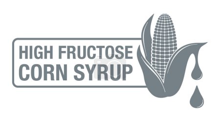 Ilustración de Jarabe de maíz de alta fructosa. Edulcorante hecho de maíz, pictograma icono - mazorca de maíz y gota de aditivo alimentario - placa vectorial aislada - Imagen libre de derechos
