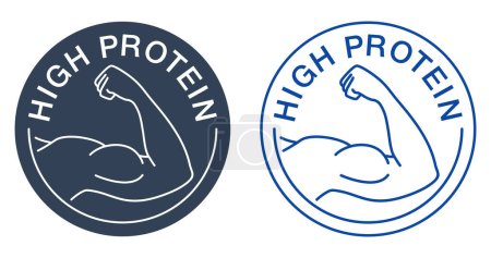 Ilustración de High Protein sticker for energy nutrition that useful for muscles. Flat Vector isolated stamp - Imagen libre de derechos