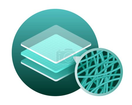 Téléchargez les illustrations : Nanofiber icon - textile fibers with diameters in nanometer range, generated from different polymers with different physical properties. isometric emblem - en licence libre de droit