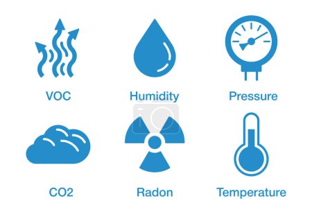 Ilustración de Home Air Quality indicators icons set. CO2, VOC, radon, temperature, pressure and humidity - Imagen libre de derechos