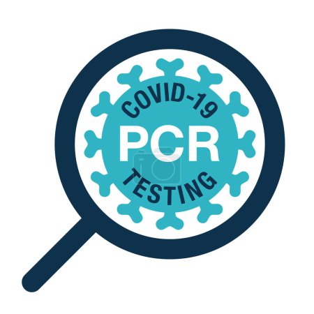 Illustration for COVID-19 PCR testing icon with loupe - polymerase chain reaction - disease prevention and fight against coronavirus pandemic - Royalty Free Image