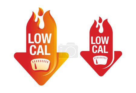Illustration for Low Cal and healthy nutrition 3D icon in arrow down shape - weight scales display in pin form. Pictogram for dietary low-cal food products - Royalty Free Image