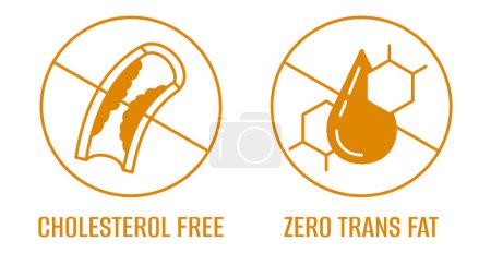 Illustration for Cholesterol Free and Zero Trans Fat - badges with strikethrough blood clot and drop of fat - Royalty Free Image