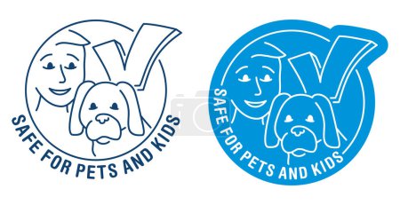 Téléchargez les illustrations : Safe for Pets and Children round funny emblem - cleaning supplies and agents that friendly for home animals and kids - en licence libre de droit