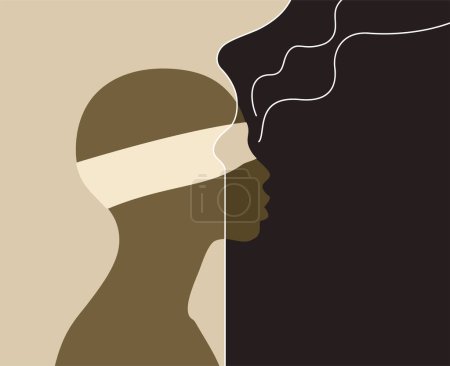 Ilustración de Blindfolded person - woman silhouette with ribbon on her eyes. Simple flat and drawn vector illustration - Imagen libre de derechos