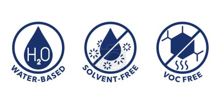 Téléchargez les illustrations : VOC free, Solvent free and Water based flat icons set for labeling of cleaning agent or other household chemicals - en licence libre de droit