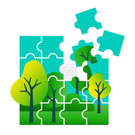 Téléchargez les illustrations : Des projets écologiques pour la protection de l'environnement et des initiatives durables respectueuses de l'environnement forêt d'arbres récoltés à partir de puzzle - en licence libre de droit