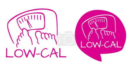 Illustration for Low Cal flat cartion icon for healthy nutrition - weight scales and toes. Pictogram for dietary low-cal food products. Isolated vector emblem - Royalty Free Image