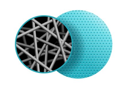 Icono de nanofibra: fibras textiles con rango de nanómetros, generadas a partir de diferentes polímeros con diferentes propiedades físicas. Emblema 3D isométrico de membrana. Ilustración vectorial