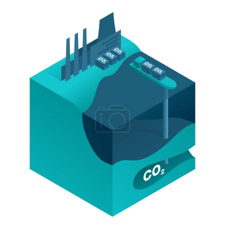 Illustration for Underground and Underwater Storage of CO2 - Transportation of Carbon Dioxide, Utilization and Storage Technologies. Isometric vector illustration - Royalty Free Image