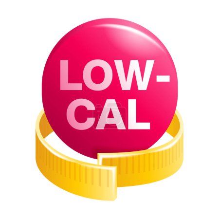 Illustration for Low Cal 3D glossy icon - red button with measuring tape around - pictogram for dietary low-cal food products - isolated vector emblem - Royalty Free Image