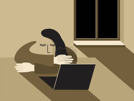 Téléchargez les illustrations : Femme fatiguée dormant à un ordinateur portable au lieu de travailler, en raison du stress ou de l'épuisement professionnel - en licence libre de droit