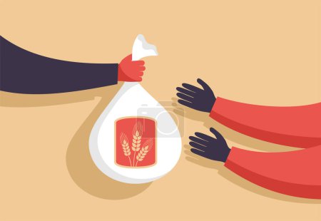 Ilustración de Cadenas de suministro de granos: configuración de producción, distribución y consumo de alimentos. Bolsa con trigo cogiendo de mano en mano - Imagen libre de derechos