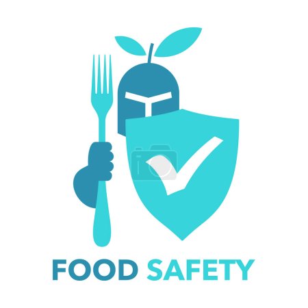 Illustration for Food safety - scientific discipline that prevent food-borne illness. Knight with shield and fork instead of sword Isolated modern vector emblem - Royalty Free Image
