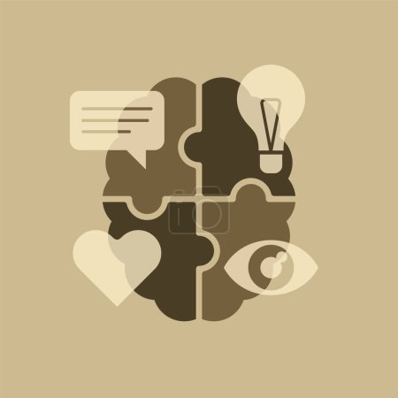 Ilustración de Emblema de Psicología Cognitiva - Cuatro piezas de rompecabezas como un cerebro con icono en cada pieza - Imagen libre de derechos