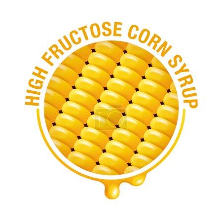 High Fructose Corn Syrup sweetener pictogram for labeling - corn seeds and drop of food additive - isolated vector emblem