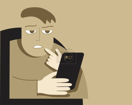 Doomscrolling - spending of screen time devoted to the absorption of negative news. Sad and confused person with phone. Vector illustration