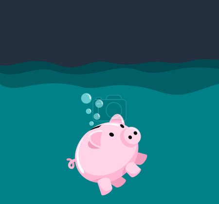 Illustration for Global Economic Crisis - piggy bank drowning in the sea due to financial problems - Royalty Free Image