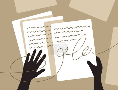 Illustration for Hands holding manuscript pages with handwritten text - Royalty Free Image