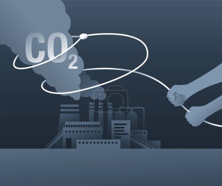Illustration for Carbon Capture Technology - net CO2 footprint development strategy. Vector illustration with metaphor - lasso catching of harmful smoke - Royalty Free Image