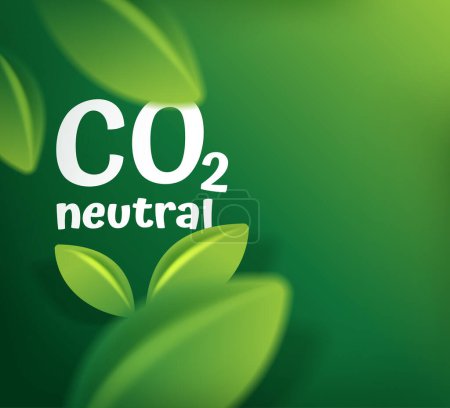 Téléchargez les illustrations : CO2 neutre - Bannière verte aux feuilles floues. Émissions de carbone sans pollution atmosphérique production industrielle - en licence libre de droit