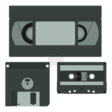 Home multimedia storages of 80s and 90s - videocassette, audiotape, floppy disc. Isolated vector devices set