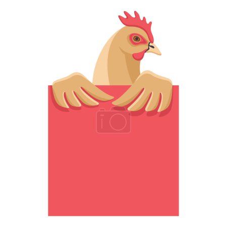 Illustration for Price tag for chicken meat - hen holding red empty banner with copy space - Royalty Free Image