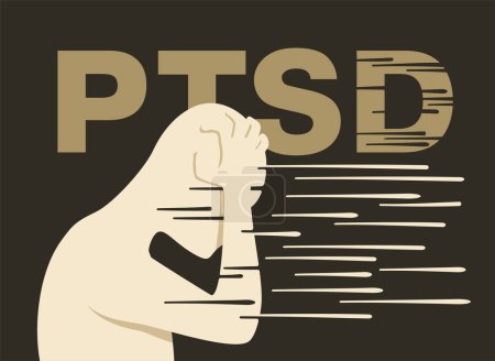 Illustration for PTSD - Post-traumatic stress disorder. Mental disorder after a person is exposed to a traumatic event. Sad person with confusing thoughts. Vector concept - Royalty Free Image