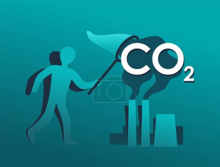 Illustration for Carbon Capture Technology - net CO2 footprint development strategy. illustration with metaphor - catching smoke as butterflies - Royalty Free Image