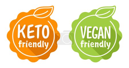 Illustration for Keto and Vegan friendly seal stickers for food that satisfy low-carbohydrate diet conditions. Bubble with check mark - Royalty Free Image