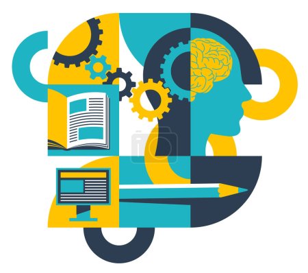 E-Learning, Untersuchung der Methode der Gehirnentwicklung - abstraktes Muster mit menschlichem Kopf, offenem Buch und Computer