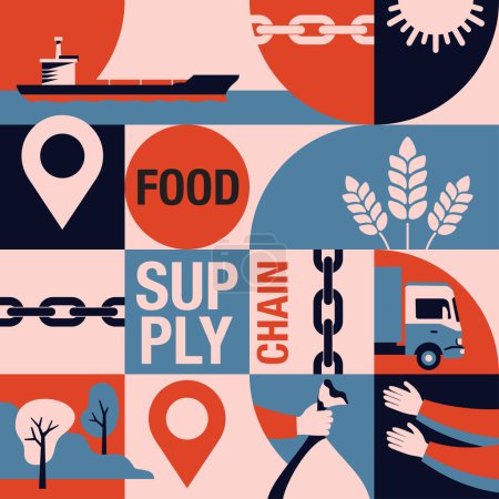Ilustración de Concepto de cadenas de suministro de alimentos y agronegocios: configuración de producción, distribución y consumo de alimentos para agricultores, grupos de compra agrícolas y solidarios - Imagen libre de derechos