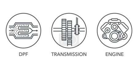 Illustration for Car service and diagnostics icons set - DPF, transmission gearbox and machine engine - Royalty Free Image