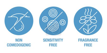 Ilustración de Conjunto de iconos para productos para el cuidado de la piel: sin fragancias, no comedogénicos, sin sensibilidad - Imagen libre de derechos