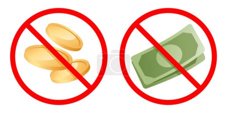 Kostenlose Symbole in 3D und Hochglanz - gratis, unbezahlte Dienstleistung oder Produkt - durchgestrichenes Geld Banknote und Münze - isolierte Symbole gesetzt